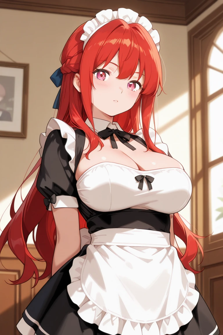 SFW, ((black grey skin Drow)), (gigantic breasts), firm breasts , tall girl, slim waist, curvy figure, arms behind back, (((red_hair))), green_eyes, long_pigtails, ((apron))