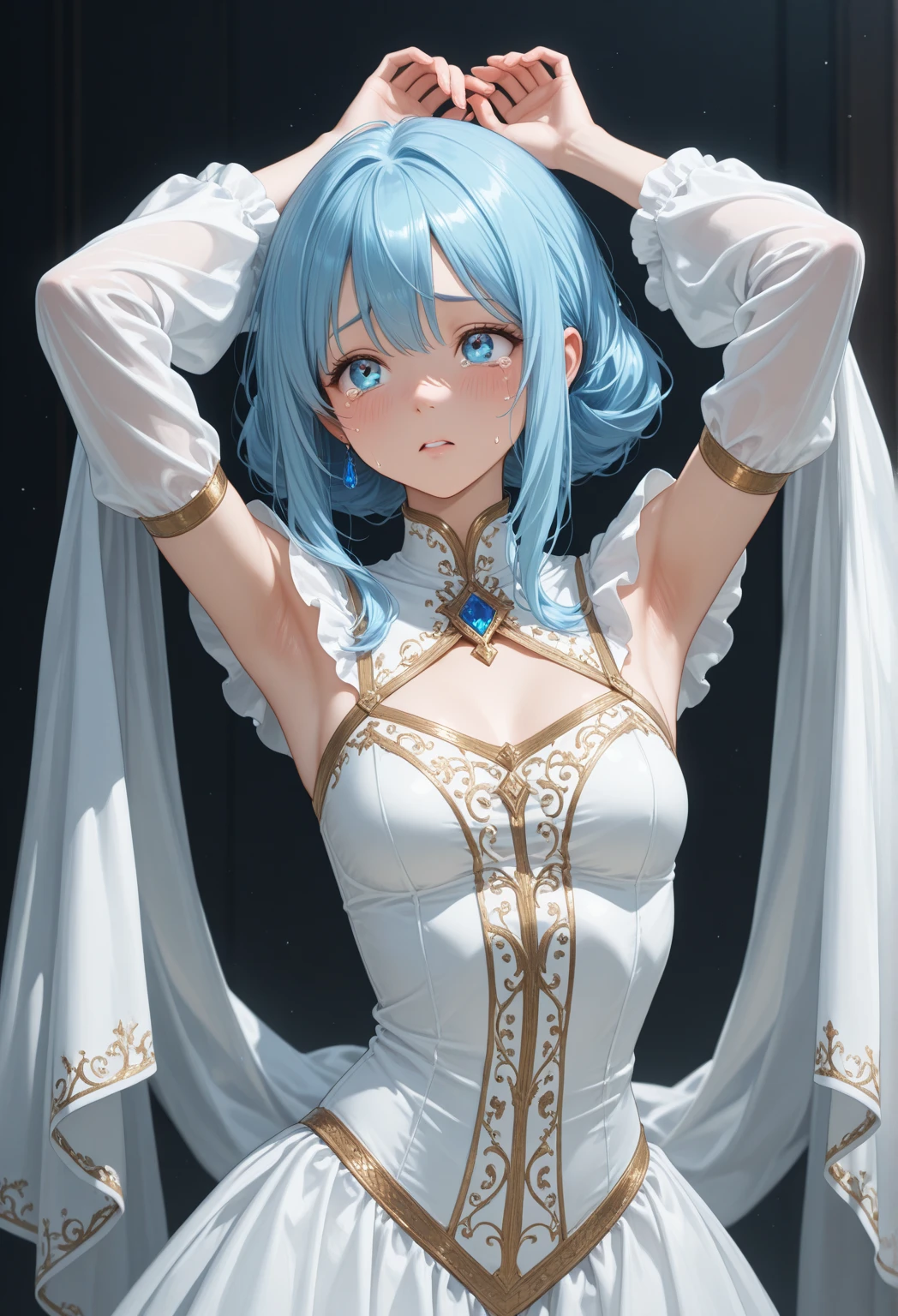 NSFW,Gentle girl pulling up white skirt,((bared chest)),(short blue hair) ,Luxurious,noble,Princess,Clothes come off,Tiara on the head,suggestive pose,Blue and green eyes,(Heterochromia),Revealing clothes, Lori,Curvaceous,Exposed genitals,small tits,garterbelts, hand job,Semen,high-level image quality,Best Quality