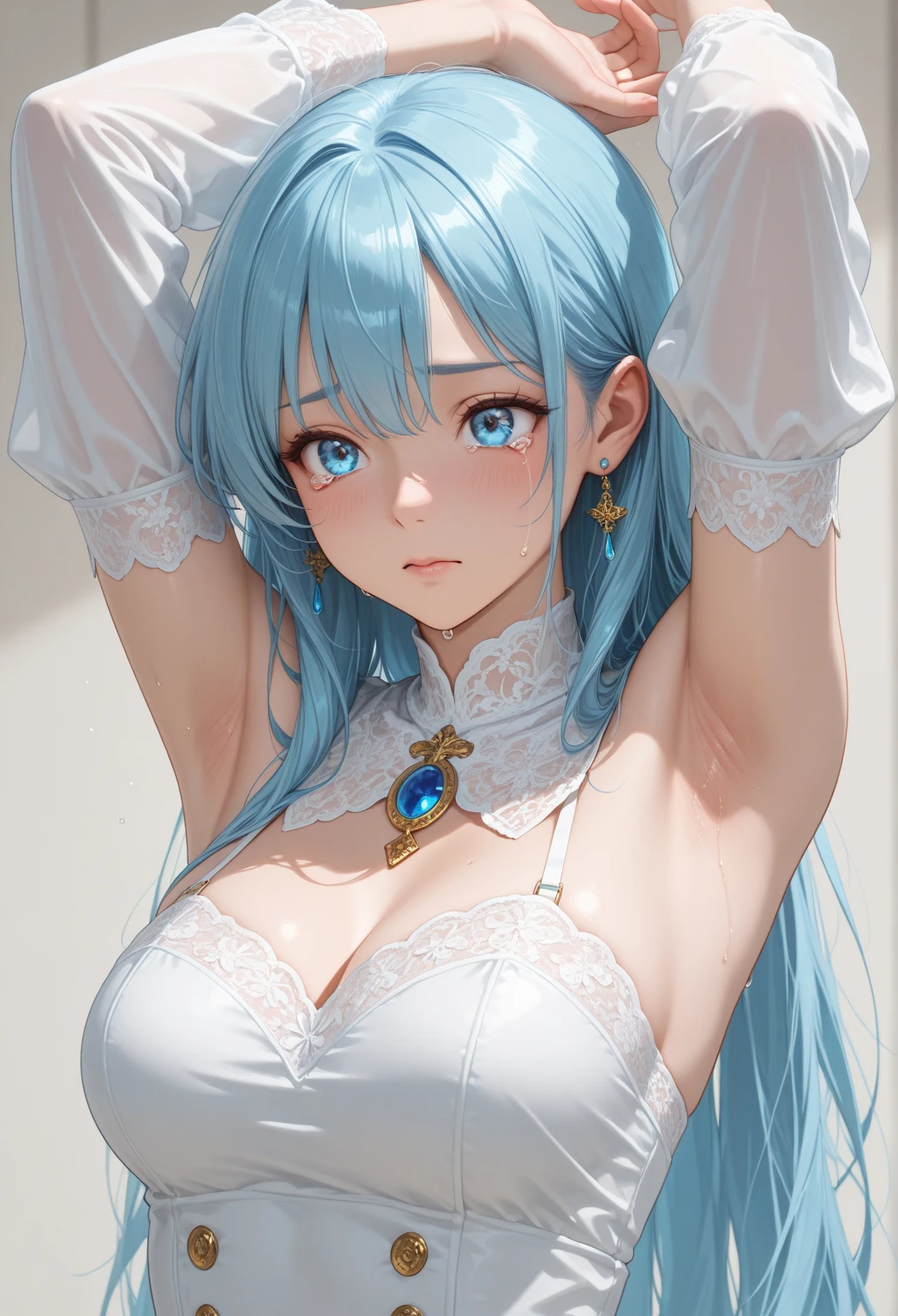 absurd, 8K, high resolution, ultra detailed, beautiful, masterpiece, best quality, very pretty woman, young, light blue hair, (tanktop:1.5), (white bra:1.5), white tights, sexy, tight pink skirt, (very big breasts:1.4 ), (long hair:1.6) detailed woman's face, very attractive,