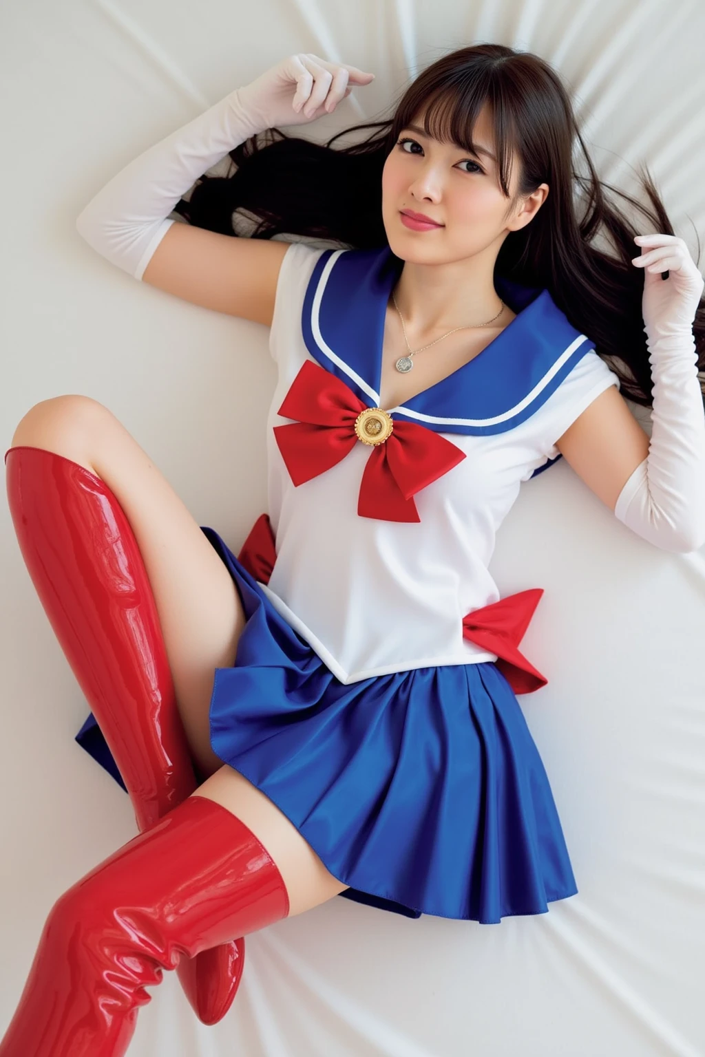 ( Girl lying in bed)，Charming eyes，Operation Warming，Turn your face away，bend over，bend over，Look Back，Look up at your head，Thick and long black hair，Very detailed body，The face is rich in detail，Best quality、(high school),(Cleavage coordination),(whole body), (Sailor Moon, tsukino usagi, honestly), Solitary, 1 Girl, 16-year-old female idol, (Huge breasts:1.2), (Spread your legs, Lean forward, Put your hands on), (Wearing a sailor suit:1.5), (Long hair, Blonde Hair, Hammerhead, Double tail:1.4), (Elbow gloves, White gloves, Dark blue collar, Short skirt, Dark blue mini skirt, Red necklace, Red bow tie,White Thong， Red over-the-knee high-heeled platform boots:1.5), Jewelry, Delicate face, Delicate eyes, Pale skin, Delicate skin, (Own,urination:1.8), (ashamed, humiliation, despair, open mouth:1.2), Craving to pee, got her clothes wet, Urine running down her legs, Despair posture urination, despair&#39;s face pit, 