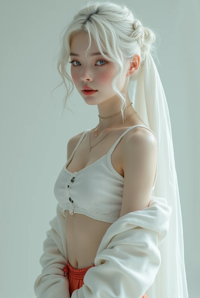 Beautiful woman with perfect figure:1.4,Ultra-high resolution,White background,(lifelike:1.4),Layered Hairstyle,White skin,Bikini:1.5,Super short pleated skirt,whole body,Very delicate face and skin texture,Double eyelids,Skin Whitening,short hair,White hair