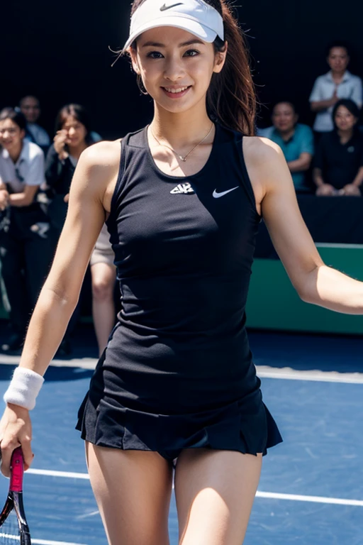 perfect anatomy ,Beautiful 20-year-old tennis player playing a match on Center Court at Wimbledon wearing a white high-neck front zip sleeveless one-piece tennis skirt, racket and shoes,It captures the essence of her athleticism and energy, which goes well with her ponytail.,Deep depth of field with Hasselblad, portraying the motion and grace of ランニング, showing the wind blowing her ポニーテール and clothes,Photographed from behind,outdoors, detailed background,Overcrowded audience seats,best image quality,professional angle of view,outstanding detail,超A high resolution,realistic:1.4),high detail,focus on details,1girl concentrated in high concentration,beautiful chestnut hair,Beautiful face with a delicate and high nose,long limbs like a model,tight waist,