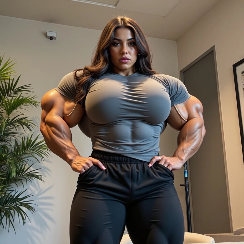 A military, action movie poster of a beautiful, huge, enormous, buff, giant, single Female bodybuilder, muscle goddess, huge arms and huge legs, giant boobs, enormous muscles, big beautiful eyes, with long dark hair, wearing reading glasses, holding an assault rifle, photorealistic