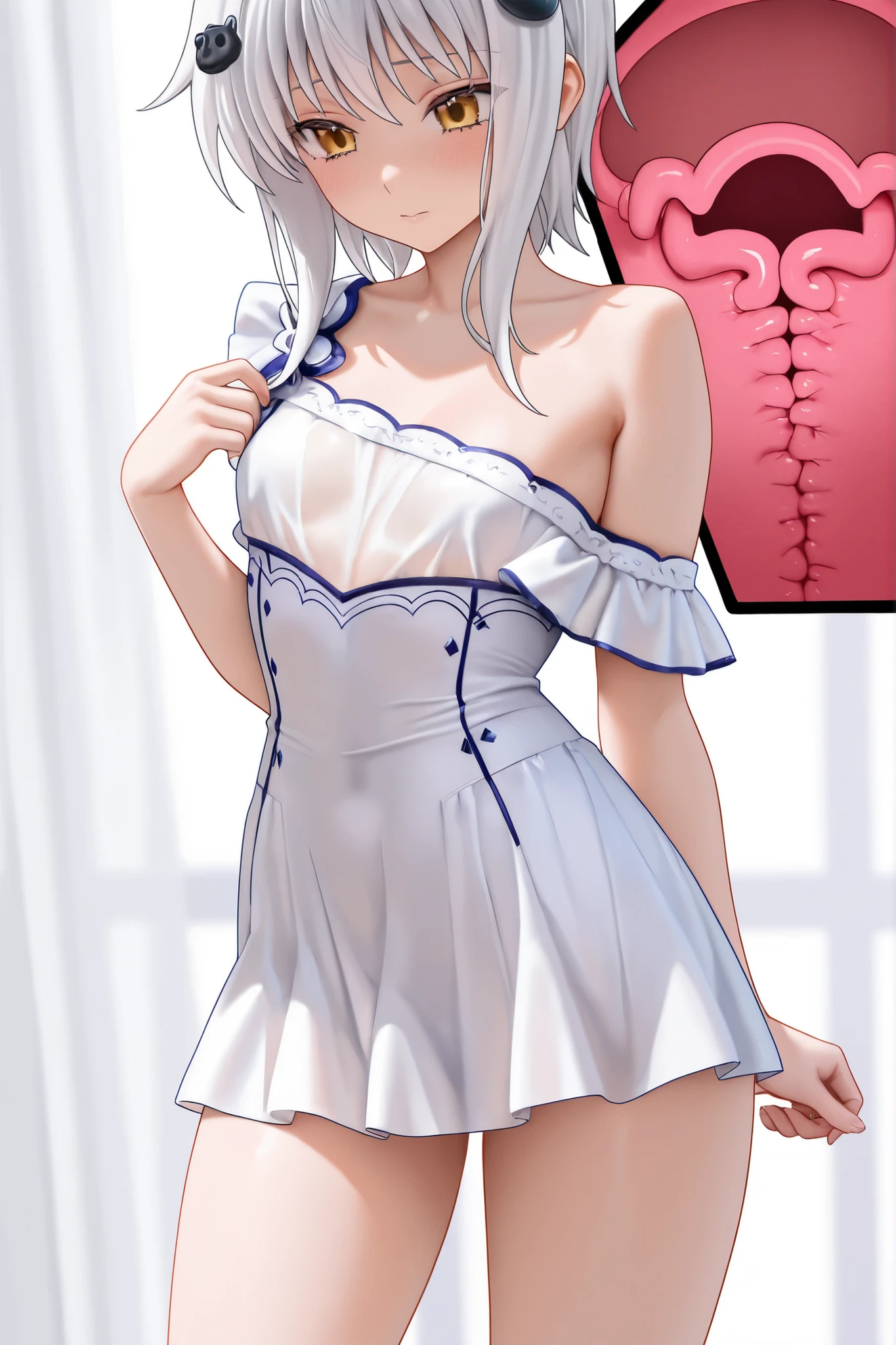 masterpiece,Highest Quality,high resolution,very detailed,Toujou Koneko\(High School DxD),Tight Mini Dress,One Shoulder Dress,Chest cut-in,Bijou,Narrow Sheer,chiffon
