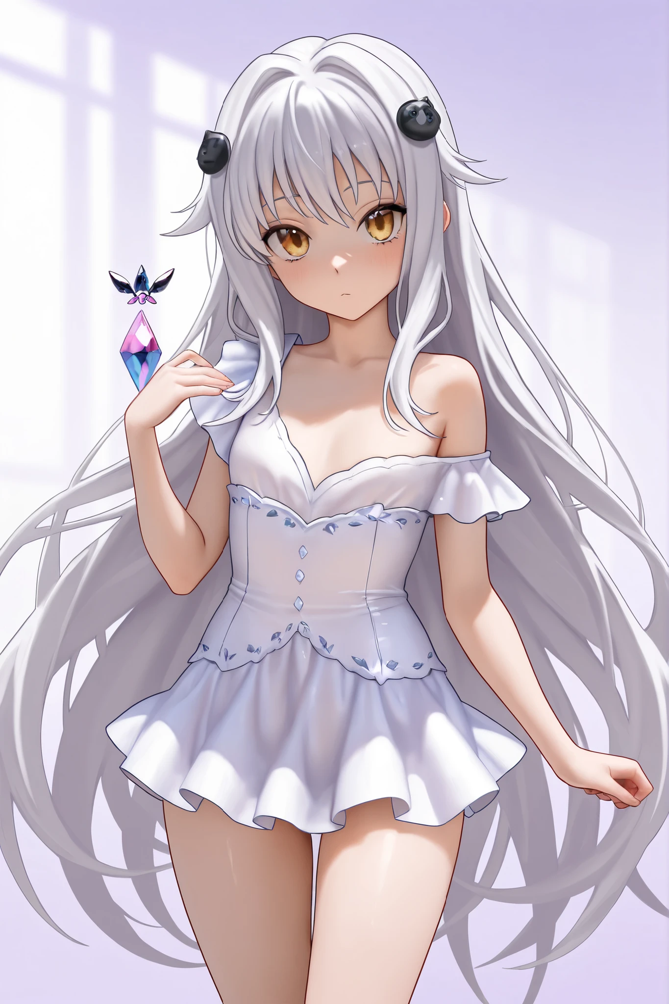 <lora:Mantis_Style:1>, ((masterpiece,best quality)), , <lora:Boosette_Mario_Anime:0.9>, Boosette_Mario, 1girl, long hair, white hair, long white dress, ballroom dress, white gloves,  solo, smiling, blushing, looking at viewer, cowboy shot,  cinematic composition,