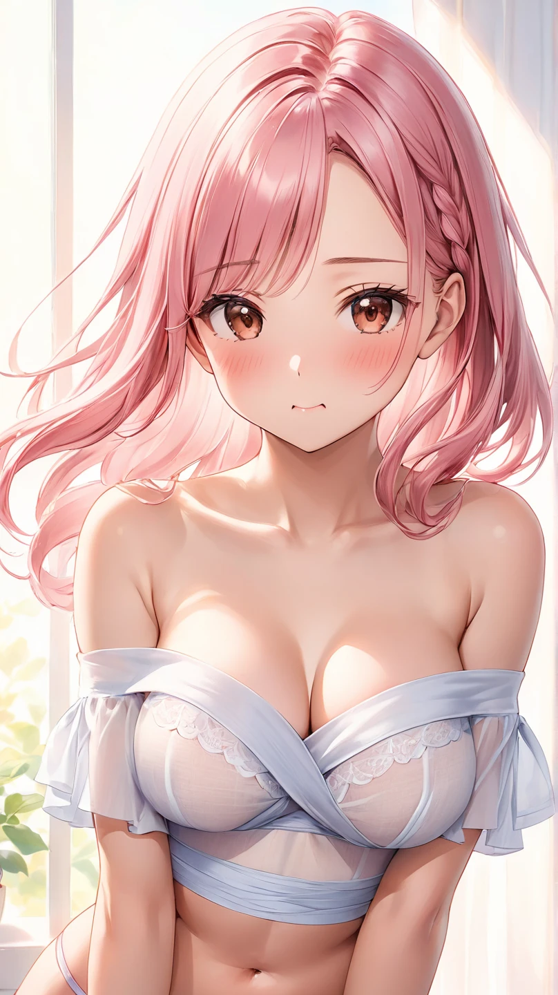 (8K, top-quality, masterpiece:1.2), (realistic, photorealistic:1.37), (super detail), (one girl), (highly detailed), (beautifully detailed eyes), (of the highest quality), (super detailed), (masterpiece), (detailed face), (20yr old), (1 girl), (pink hair, long hair), (medium breasts), (clothed), (perfect lighting), BREAK, (upper body to knees), (wavy pink long hair), (bright gentle smile), (one hand on hip, other lightly touching hair), (pastel color background), (soft diffuse light), BRAKE, (purple glossy bodysuit:1.2), (white lace details:1.3), (satin:1.4), (tulle:1.2), (glossy texture:1.9), (tight fit:1.9), (heart cutout bustline:1.3), (high-waisted:1.2), (slim silhouette:1.4), (ribbon accents:1.3), (frills:1.2), (pearl necklace:1.2), (pearl earrings:1.2), BRAKE