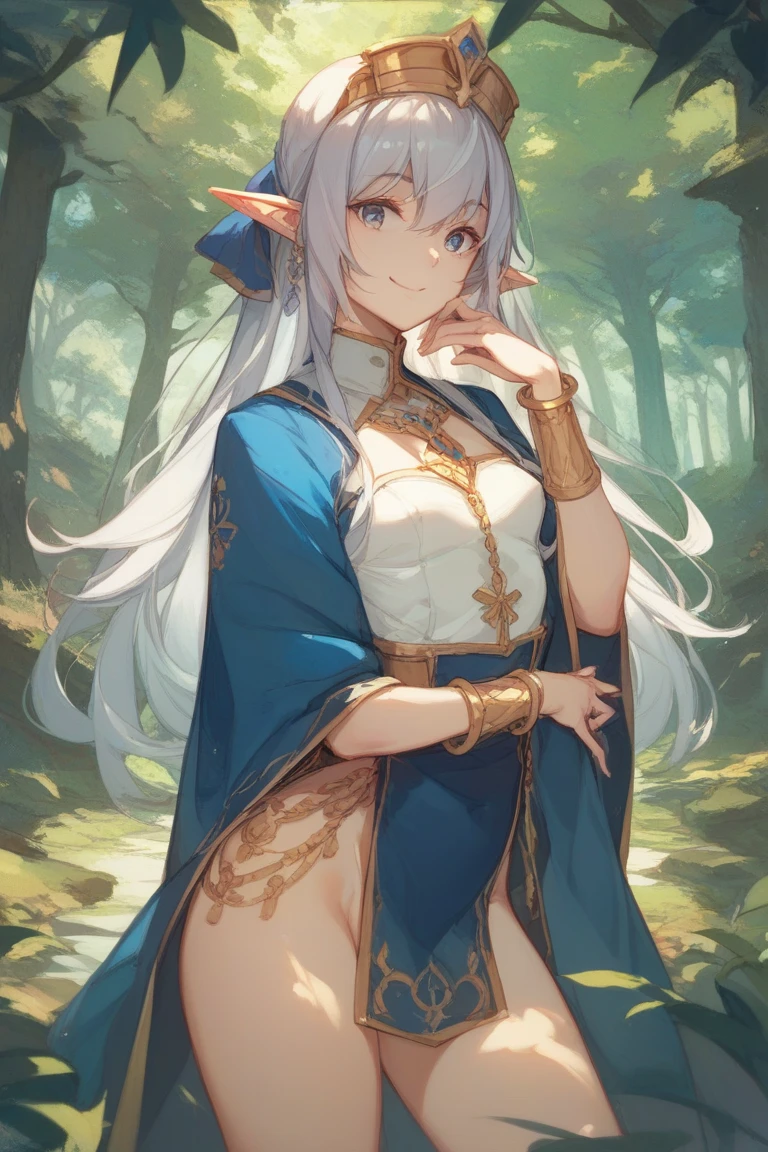 (Extremely delicate and beautiful:1.2),1girll, ,long white hair,High ponytail,metal decoration,Anklets,Bracelet,Dark green lined cloak,brown clothes,Dark green bandeau,Dark shawl,Lilac eyes,with a round face,ssmile,Surrounded by falling flowers and butterflies,long cape,Sit on a tree trunk,Clothes cover the legs,Exotic,Covers part of the waist,Bow and arrow in hand