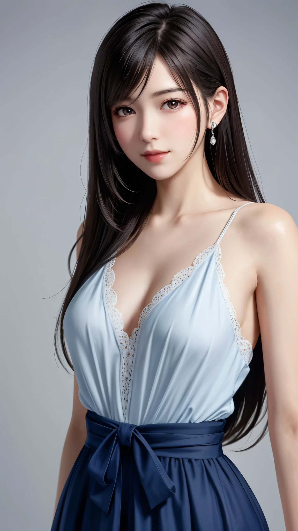 masterpiece, best quality,for the audience, Upper body,middle aged woman,Greek goddess style, Oval face, ((slender eyes)), mole under the eye,brown eyeball, thin lips, blonde hair, Very long hair, close your mouth and smile,20 years old, self-portrait, Simple background,white dress,full body display,full body display,big breasts,exposing her breasts,