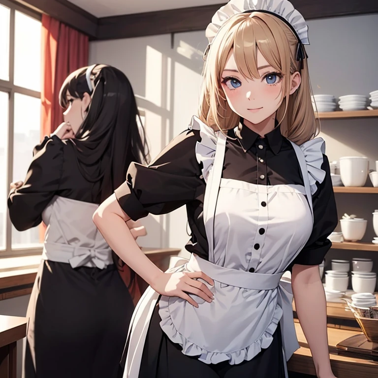 highest quality、masterpiece、((2 women))、((smile:1.3))、(blush:1.3)、Black Shirt、blouse、((fun!!))、(Small breasts)、(Blonde:1.3)、(long hair)、(Long sleeve)、((White apron:1.5))、((Maid))、((hair ornaments)),、Kamimei、look at me、 ((in house:1.5))、 Taking a break from watching the audience、Cowboy Shot、(Skirt lift:1.3),(Highly detailed pink striped panties:1.3)、(Highly detailed panties:1.3)、、(スカート that rolls up:1.3)、(Panties fully exposed:1.5)、Light blue eyes、long hair、Glowing Eyes