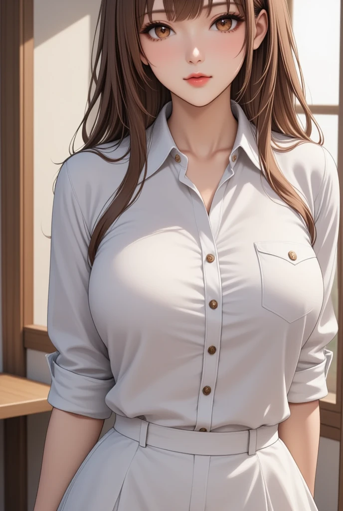 masterpiece,best quality,absurdres,photorealistic,mature female,sagging breasts,<lora:dailin:0.6>,brown_hair,long_hair,brown_eyes,cleavage,school uniform,pantyhose,