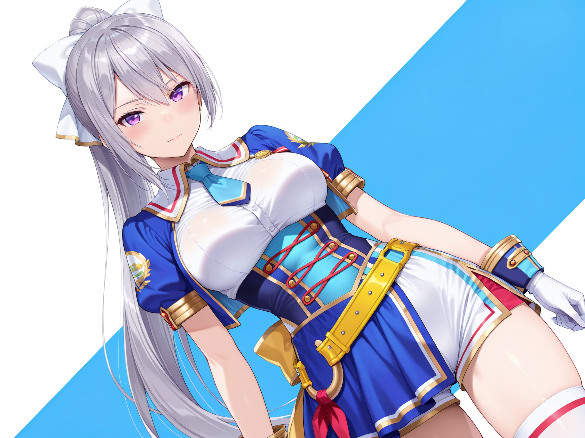 solo,masterpiece,best quality, amazing quality, highres, absurdres, very aesthetic, high resolution, ultra detailed, perfect details,nijikaede,purple eye,grey hair,long eyelashes,long hair,ponytail,white bow,hair pin, glorious azure,official alternate costume,open clothes,open jacket,wing collar,blue jacket,cropped jacket,puffy short sleeves,blue short necktie,white shirt,underbust,buttons,double-breasted,white gloves,gold trim,back yellow bow,belt,horsehoe ornament,red bow,high-waist blue skirt,white shorts,zettai ryouiki,white thighhighs under knee boots,high heel boots,white footwear,,,tsurime,medium breasts,look at viewer,anime screencap,mature female, (masterpiece, detailed:1.2), focus、facing to the side、from below、tented shirt