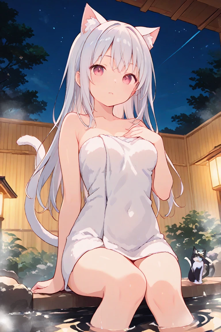 ((masterpiece)), (best quality), (ultra-detailed), photorealistic, (best illustration), ((an extremely delicate and beautiful)), 1girl, solo, long hair, tiger ears, [:tiger tail under:0.2], white hair, two-tone hair, no clothes, nude, (tail covering pussy:1), naked, cross-laced, standing, closed eyes, smile, big breasts, after bath, detailed scenery, in bathroom, low twin braids, twin braids, hair ornament, bracelet, (covering chest:0.9), blush, embarrased, angry. 