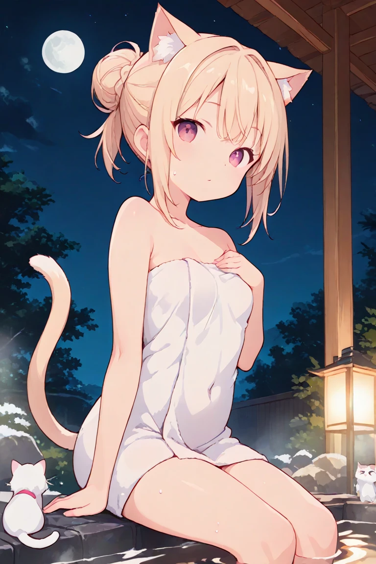 1 chica, by the chestnut, Brown eyes, bangs pulled back, pechos grandes, caderas y piernas hermosas y contorneadas, de espalda, squatting, pose sexy, ver de lado, pose de lado sensual, pose de perfil, orejas de animales, cola de animal, white lingerie, :3, presumido, al aire libre, cielo nocturno, luna, bamboo,