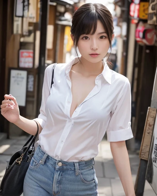 Natural strawberry blonde and redhead girls with pretty faces, Cute pose, Happy wearing a white button shirt, body, skinny, Atmospheric, Dark atmosphere, Edge lighting, Mao Akiyama、Sayaka Yamamoto、Jurina Matsui、Saito Asuka、Mao Akiyamaの顔の特徴8K, , Full body portrait, elegant, Natural light, Spooky greenhouse at night, Sharp focus, Highly detailed face, Beautiful Face, smile, Happy, K UHD, Hmph, D Cup, Beautiful and soft skin, Vibrant Skin, Photorealism, Unbutton a white shirt, Cleavage, Detailed eyes and face, Professional photography techniques, , The optimal ratio is four fingers to one thumb, Perfect proportions