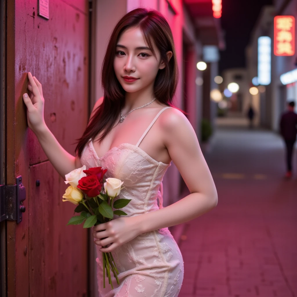 Scene Overview: A beautiful young Thai woman with fair skin and an oval face, aged 20-25, wearing a white sexy dress and holding a red rose
Visual Elements: Streets wet from rain, neon lights reflecting on the pavement
Lighting and Colors: Vibrant yet isolated, blues and purples dominate
Dynamics and Motion: The young woman holding a rose on the road
Focus and Background: Focus on the young woman holding a rose on the road, with city life blurred in the background
Emotion and Atmosphere: A profound sense of the young woman holding a rose amidst the vibrant city. Expressive and poignant scenes with a focus on the young woman and the flower, set against a backdrop of modern technology and urban spaces. The visuals should convey a deep sense of yearning and emotional struggle, with muted colors and dramatic lighting to enhance the mood.