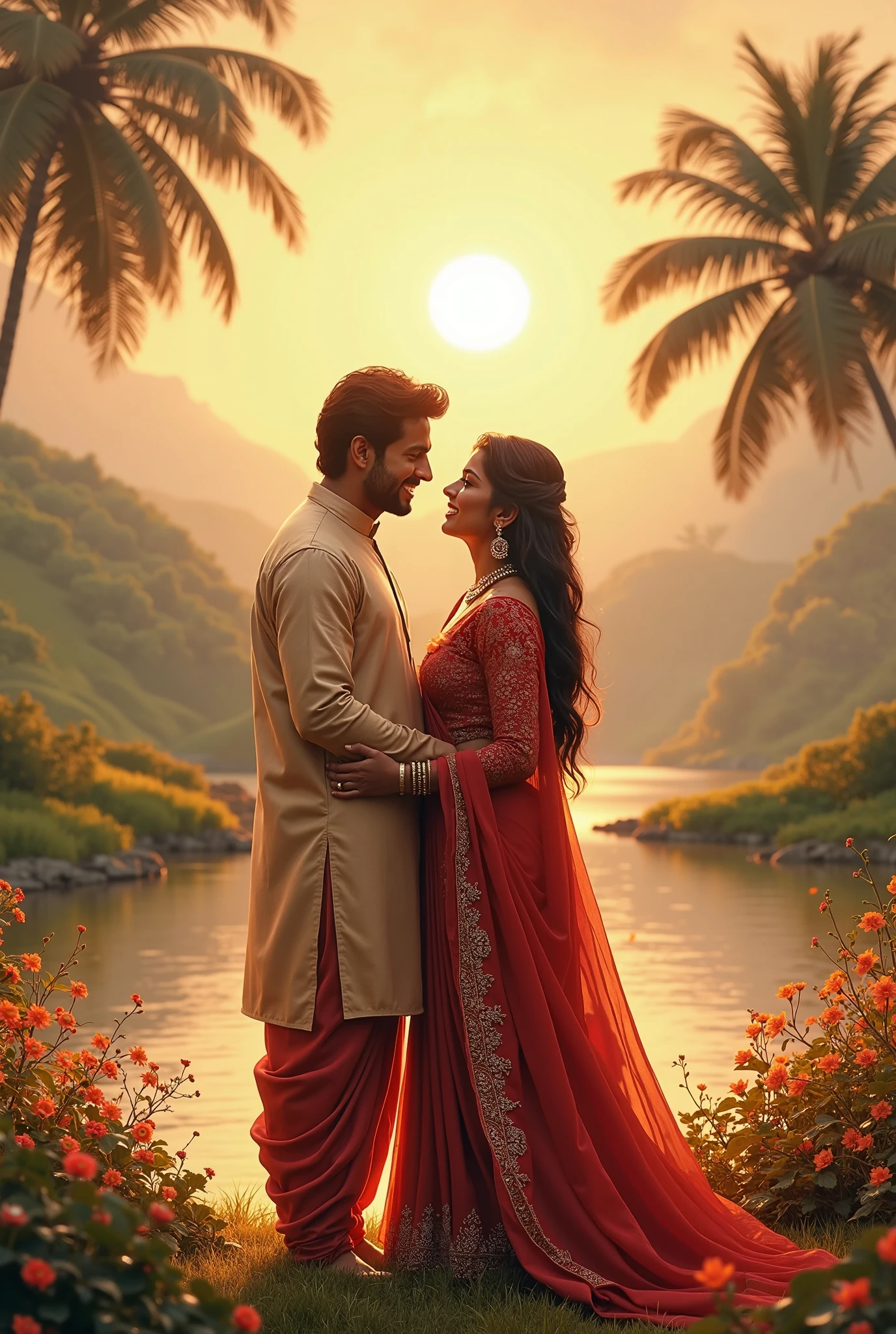 Beautiful southindian couples. Romantic walking . Illustration image. Romantic look and smile. Change the dress color. There are in palace