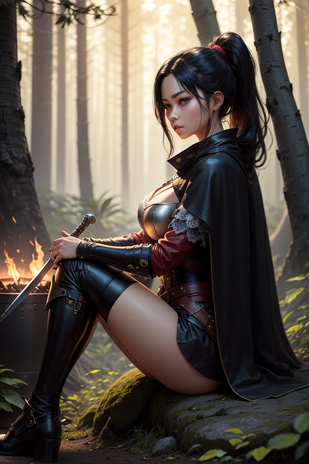 1girl, corpo inteiro, sentado, esguio, (bamboo trees), Kabuto, armadura samurai vermelha, ar enevoado, luz solar forte, caminho musgoso, Vila da Montanha, arma enorme, Scenery at the top of the mountain, sem calcinha, raised skirt showing private parts, masturbando-se