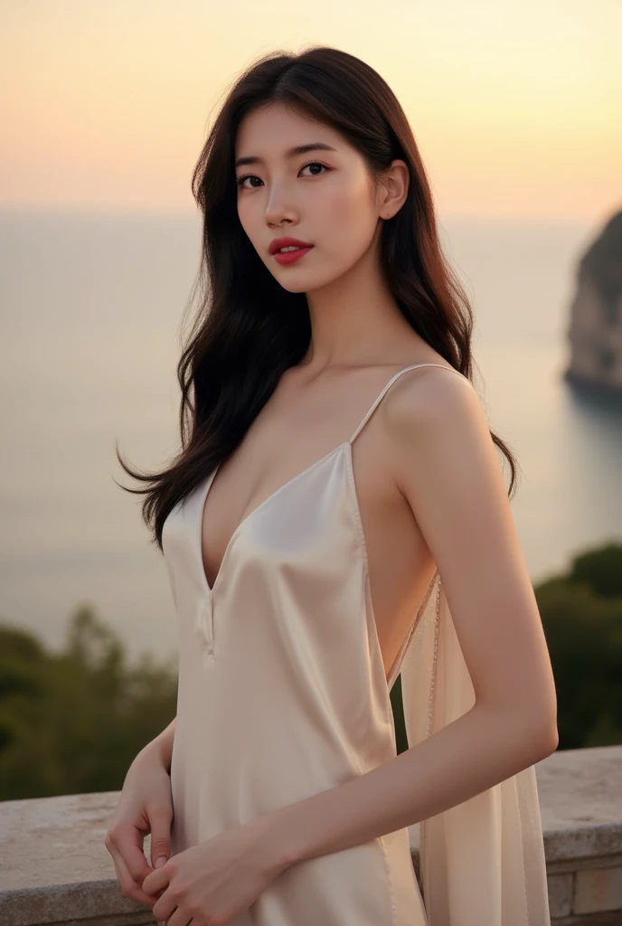 1 woman, (looking at viewer:1.2), detail face, (standing girl, Lending on cgsociety, beach background，Bright natural light), romanticism, atmosphere, (RAW photos, best quality), (realistic, photo-realistic:1.3), masterpiece, very delicate and beautiful, very detailed, d cup，class photo，Wear delicate earrings， d cup，split，Sexy Translucent Deep V Silk Dress1.5，