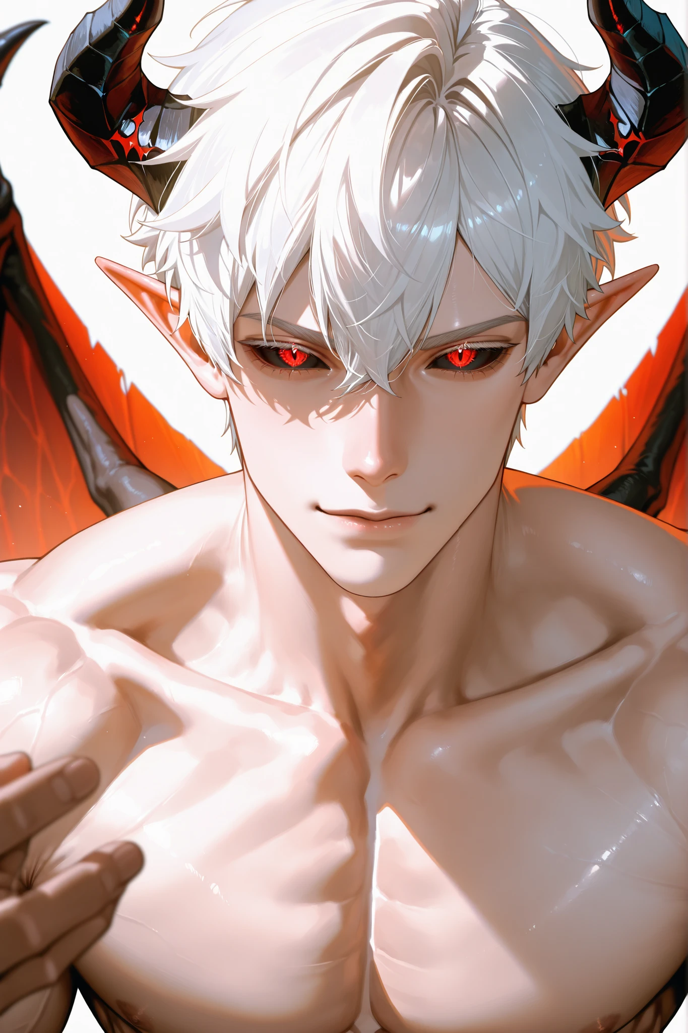 red horn,devilの角,silver hair,devil,black skin,Snow Man,monster,Mighty Fighter, chest exposed, Detailed muscular physique, realistic depiction, 4K resolution. background: Blizzard,32k uh, (((highest quality, masterpiece, Super detailed, advanced details)))