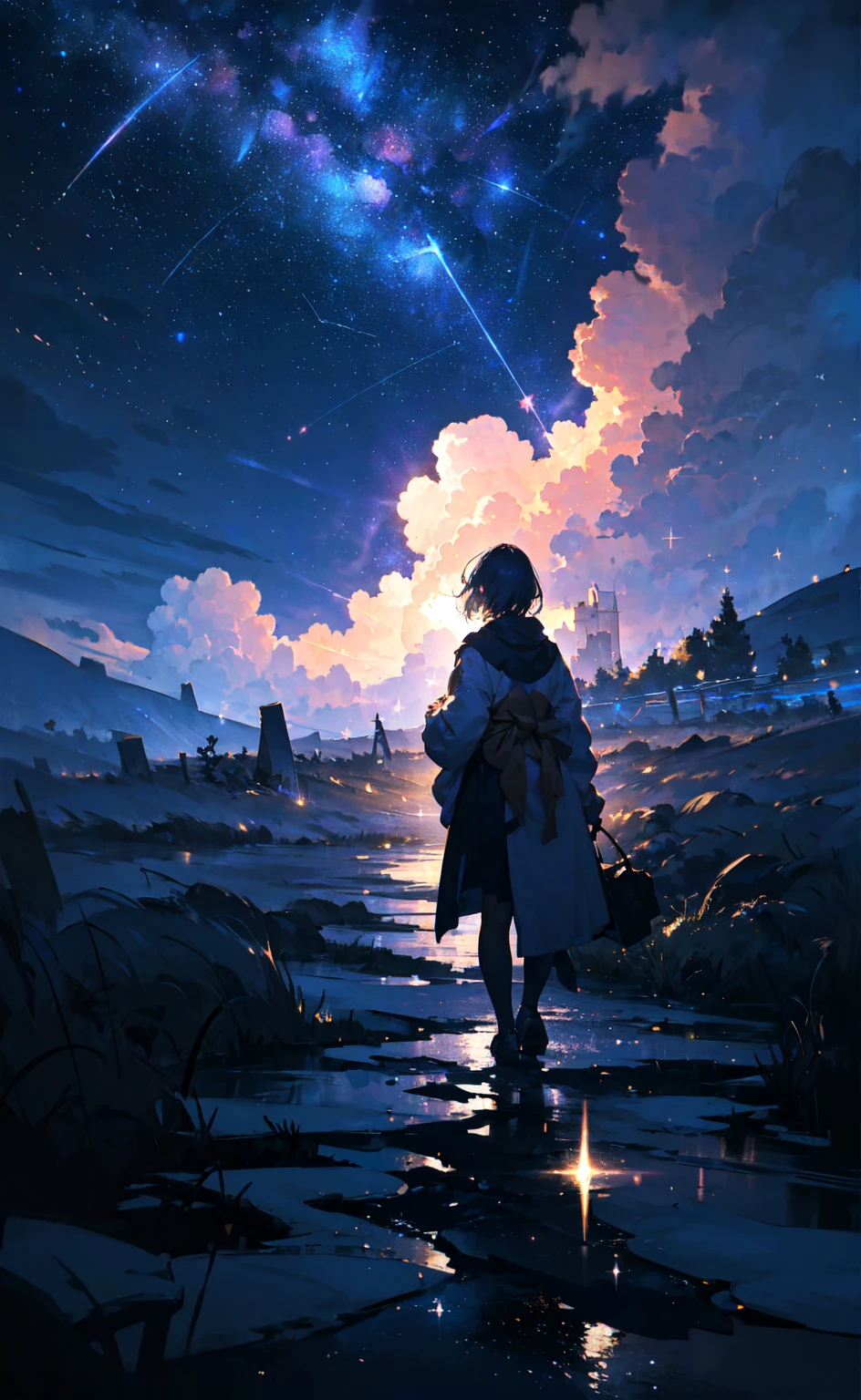 score_9, score_8_up, score_7_up, score_anime, masterpiece, top quality, delicate illustration, sharp lines, sharp focus, BREAK, a traveling girl wandering in the endless night world, the girl wears a hood and has a lot of stuff in her backpack, night , fantastic landscape, beautiful scenery, harmony with nature, spectacular view, space city, (((torn clothes))), (((torn hood))),shorts,boots