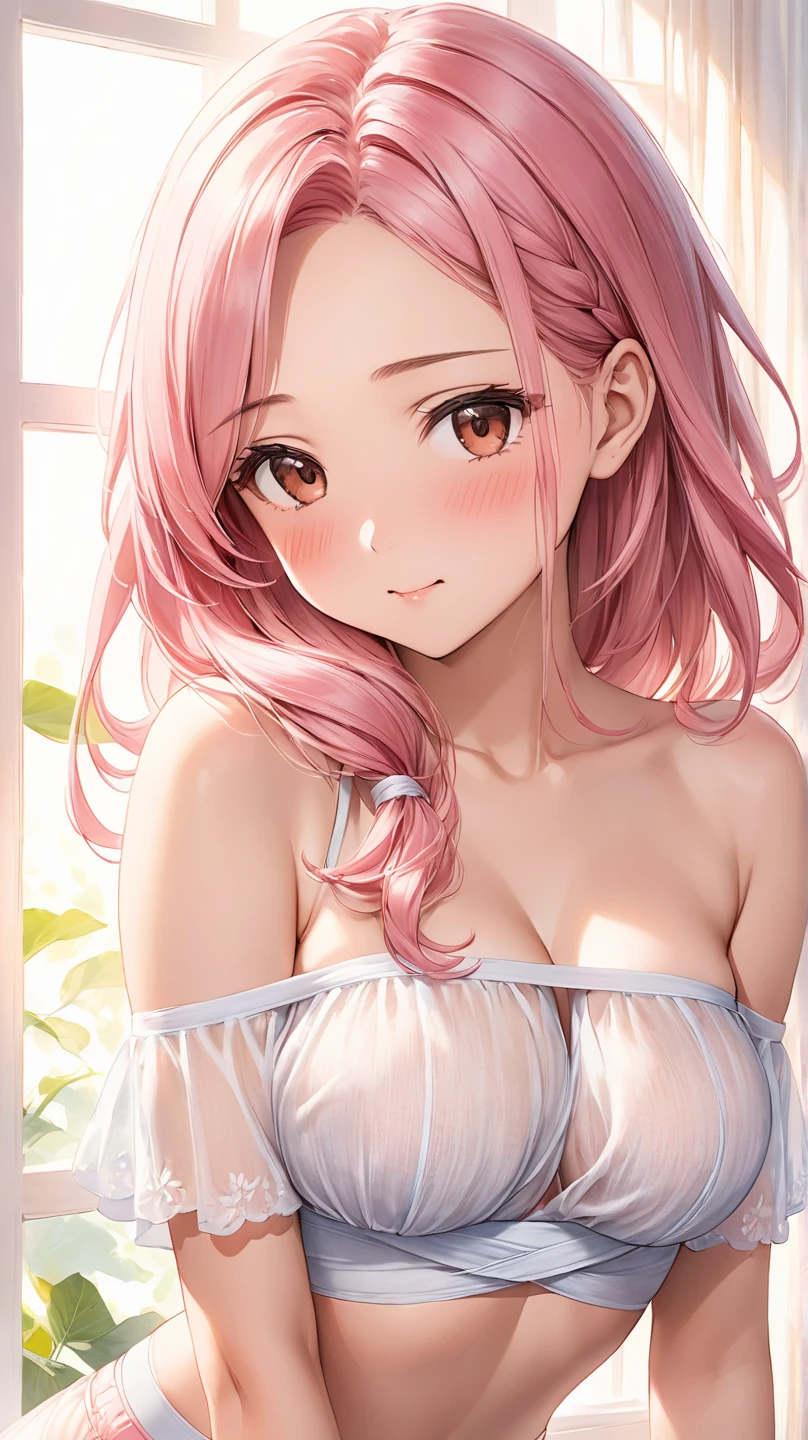 Gyokuha, Gyokuha妃, (1 girl:1.), (solo:1.3), long hair, pink hair, bun hair, single hair, (White off-shoulder knit:1.3), (denim long skirt:1.3), highest quality, High resolution, unity 8k wallpaper, (An illustration: 0.8), (detailed and beautiful eyes:1.6), highly detailed face, perfect lighting, Detailed CG, (perfect hands, perfect anatomy), (smile:1.3), gentle smile, blush, close up, free pose
