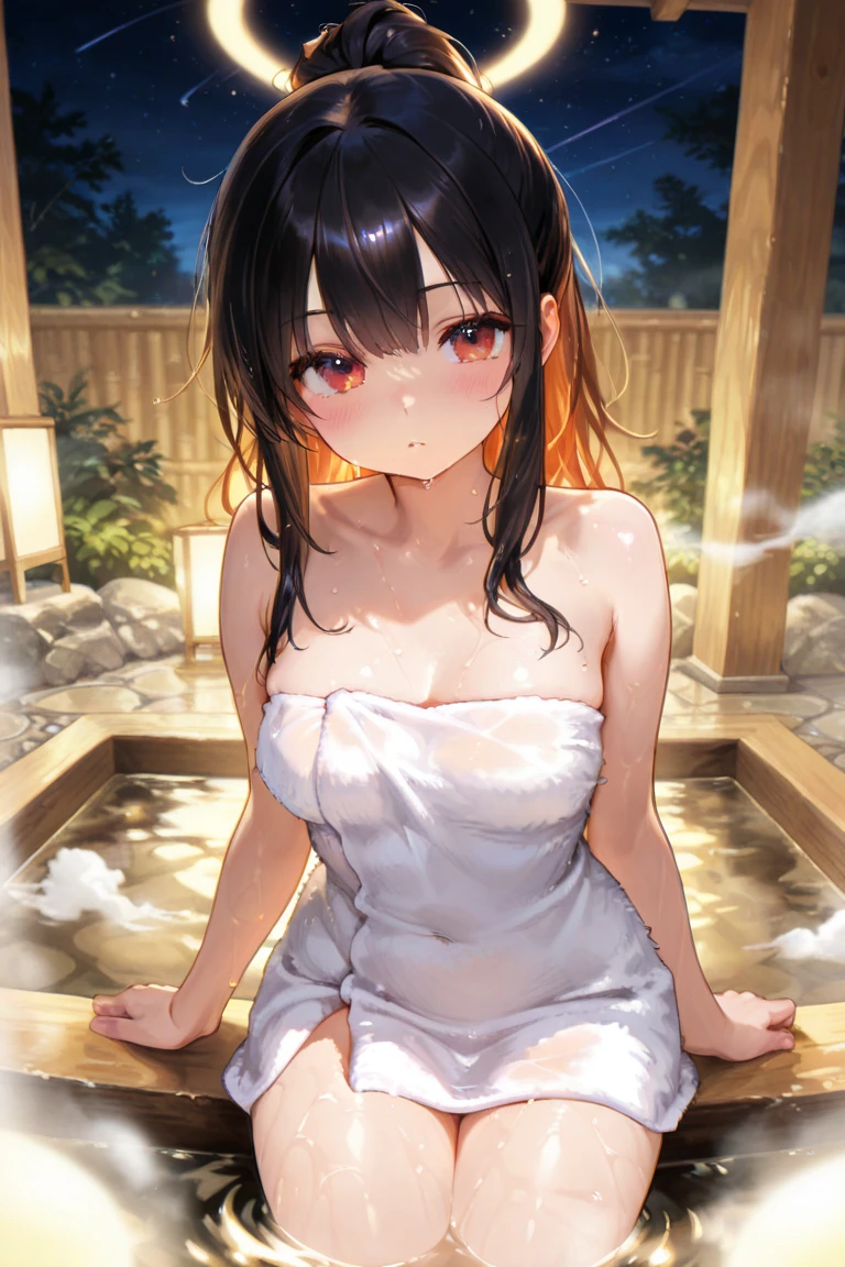 best quality, masterpiece, solo, safe for work, 1 female、25 years old、(soft bust:1.2)、(natural breasts)、(cleavage)、(Slender body shape)、(Cover your body with a bath towel)、(naked towel)、(view audience:1.2)、(View from the side diagonally)、(Warm up in a hot spring)、(Soak in a hot spring)、(white highlight on pupil:1.2)、(dark red-brown eyes)、(black haired:1.2)、wet hair、tie hair back、(white skin)、white beautiful skin、wet skin、(blush:1.2)、shy smile、closed mouth、(big hot spring bath:1.2)、(steam:1.2)、(Blur the background a lot to make the woman stand out:1.3)、(starry sky)、(night sky)、starry sky
