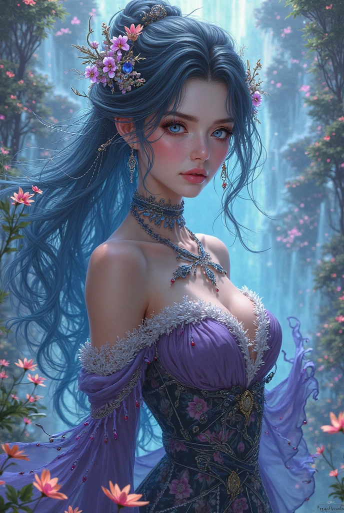 tmasterpiece,Highest high resolution,((((ruit)))),Dynamic head photo of beautiful aristocratic girl,Blue hair is elegantly coiled,(((Wearing a huge flower crown、Hats,jewelery,adiamondnecklace))),Purple clear eyes,(((The hair is covered with beautiful and delicate floral craftsmanship, Crystal jewelry filigree))),Ultra-detailed details,Hands naturally droop。etailed face, detailed eyes, detailed hands,