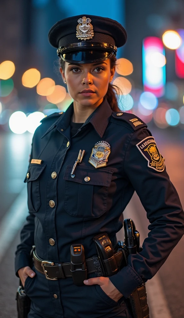 1male, masterpiece, 4k, ultra realistic, sexy policewoman, city night background, carlos oliveira, portrait,