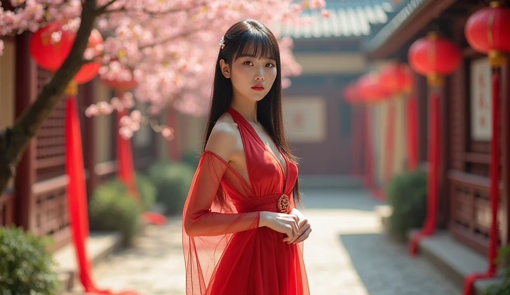 最high quality, masterpiece, High resolution, One girl, Chinese Hanfu,Chinese Architect Background, Red scarf, hair ornaments,necklace, jewelry,Beautiful Face,On top of that_body, Tyndall effect,Realistic, Dark studio, Rim Light, Two-tone lighting,(Skin with attention to detail:1.2), 8k uhd, Digital SLR, Soft lighting, high quality, Volumetric lighting, Frank, photograph, High resolution, 4K, 8k, Bokeh,Girl in a red dress