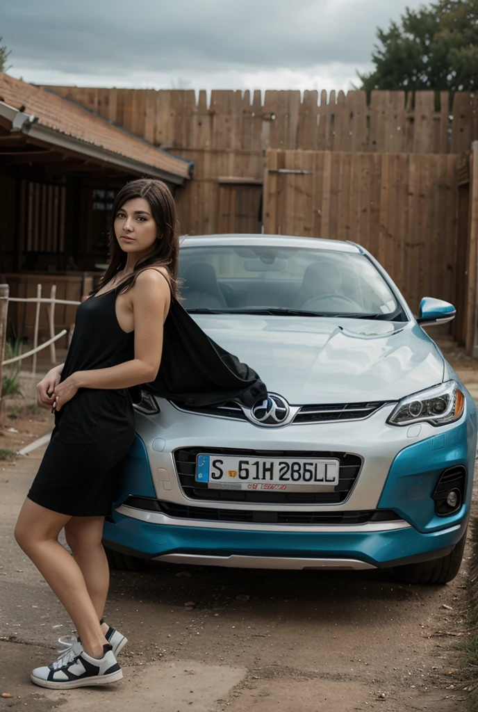 Design a model (dressed in gala congruent with the vehicle), de espaldas a un super coche de lujo (super coche detallado y realista), en una playa al amanecer. Todo es natural y realista ,con detalles y calidad profesional. Maximum quality 8k artwork.