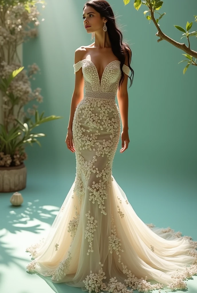 Top quality, Masterpiece, hyper HD, (Photorealistic: 1.4), RAW photo, 1girl，solo，Fashion model，Wearing a white mermaid wedding dress， v-neck dress style, Lace material, long tail, full body, in white room with indoor decorative palm tree，Stand upright and look straight.
