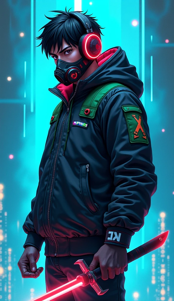 Male, teenager, wearing full-face DJ helmet with tinted visor and hip-hop outfit, head covered by helmet, standing at attention, hands in pockets, fully in frame, full body shot, lone figure, sole person, Zombie Land Saga style