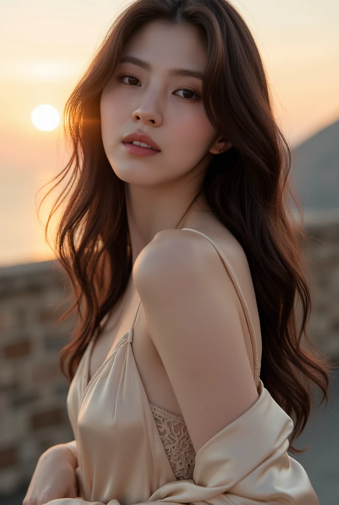 highest quality,masterpiece,ultra high resolution,realistic,RAW photo,unity 8k wallpaper, panorama, cinematic lighting, on the grass, sunset, dappled sunlight, golden hour lighting, Backlight, blurred background, (Lens flare), Wind, pastel colour, soft light, 1 girl,floating long hair, sad,Upper body, big breast