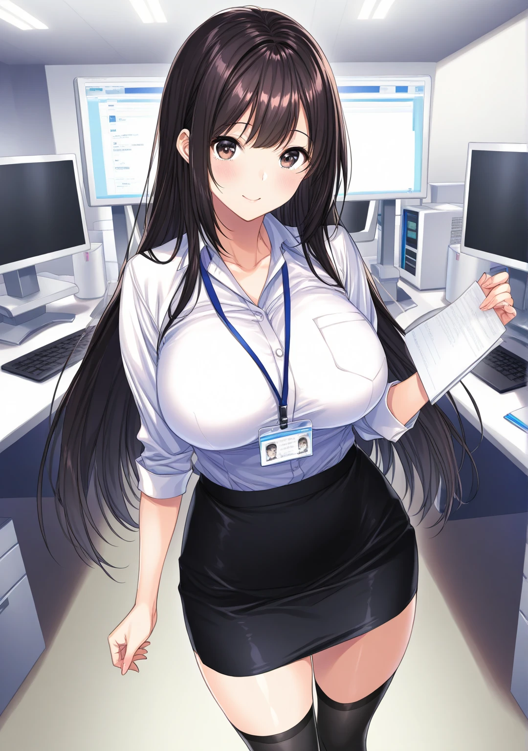 (masterpiece), best quality, (16k), expressive eyes, perfect face, office lady, 1 girl, solo, large breast, navel, (torn short sleeve white Blouse shirt), (((cobalt blue solid pencil mini skirt))), bare arms, bare legs, shiny skin, wet body, indoors, in the office room, black hair, straight long hair, wet hair, brown eyes, slim, standing, closed eyes, sad, :o, (cowboy shot), from front,