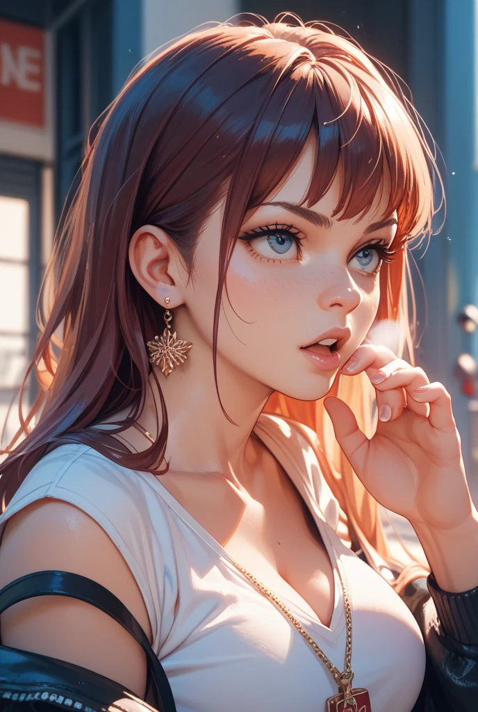 1girl,a beautiful fashion model ,(masterpiece, detailed background, best quality),short and shiny hair, red hair, hair with highlights, bangs, smirk,juicy lips,red lips, calmart, lingerie, stripping, elegant makeup, blue eyes, full body shot, (shiny skin), cyberpunk, sci fi, boa, extravagant jewelry, cocky expression, covered in jewelry, fancy, see through white dress, shiny skin, wet skin. running hand through hair, leaning on wall, hair flip, sweat, dj, lights, beat spins you round