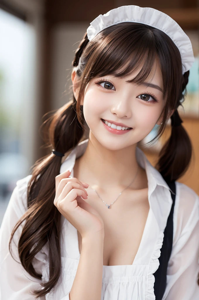 8k,Highest quality,(masterpiece:1.2),(Realistic),(Realistic:1.37),Ultra-high resolution,1 female college student,city,smile,Beautiful Eyes,(((Maid clothes))),Big Breasts,Perfect body,Perfect Fingers,Professional Lighting,gravure,Detailed face and skin texture,fine grain,RAW Photos