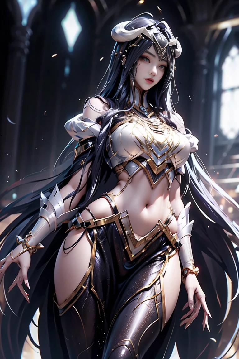 1girl, depth of field, official art, unity 8k wallpaper, ultra detailed, illustration, beautiful and aesthetic, masterpiece, best quality, knight, (big breasts), (milf, mature female), (black armor, armor, breastplate), beautiful face, (long hair, black hair, very straight hair:1.4, hime cut:1.4), blue eyes, cowboy shot, glowing skin, back lighting, athletic figure, muscular female, curvy, wide hips, colorful, looking at viewer, Hyperrealistic, gradient background, dark background, outline, fantasy, from the front, watercolor, traditional media, (chromatic aberration, intricate details)