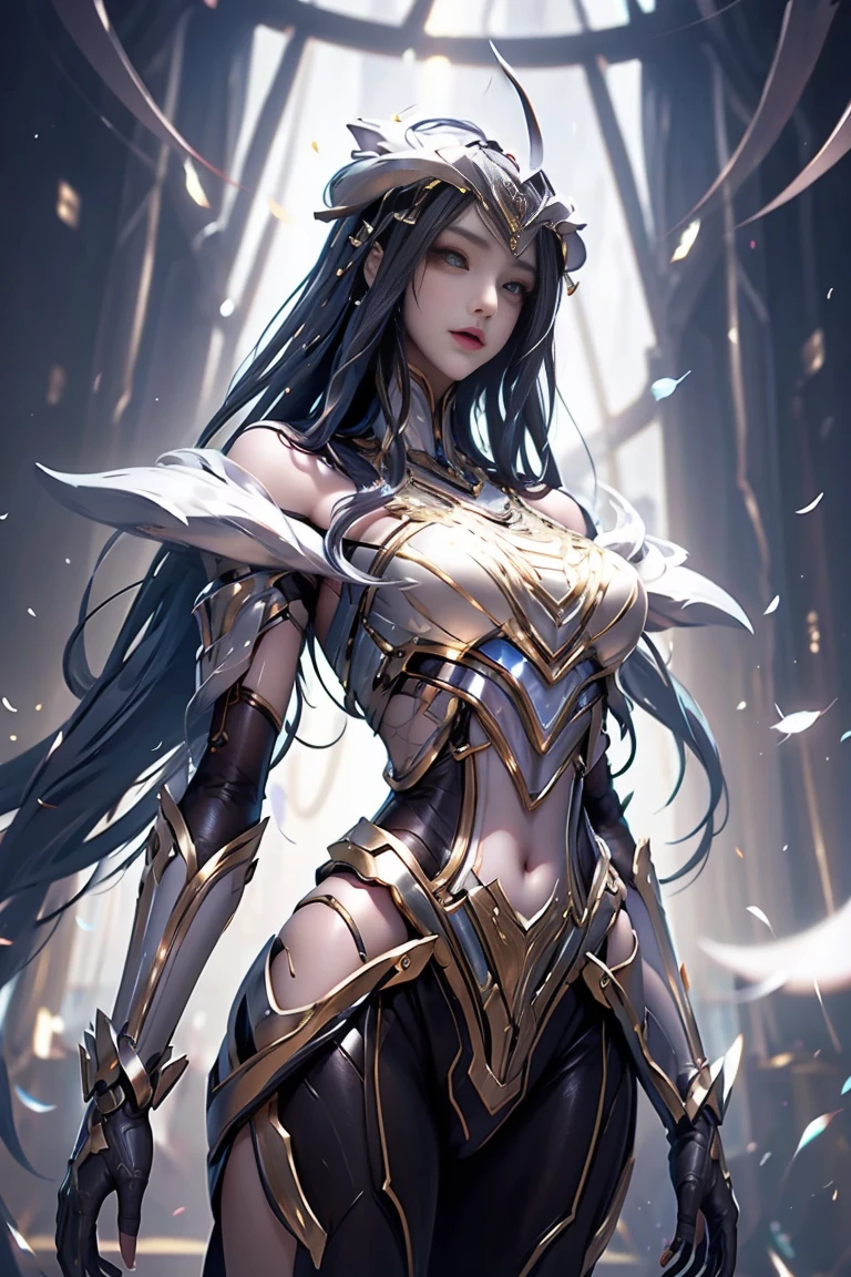 Reality, high resolution, 1 female, Become a, Solitary, Hip lift, robot, Mecha Maiden,Mechanical Parts,  joints,Single robotic arm, hat, Mechanical Halo,Hello Stars,Complex mechanical tights, Mecha Corset, fully armed, White mecha body