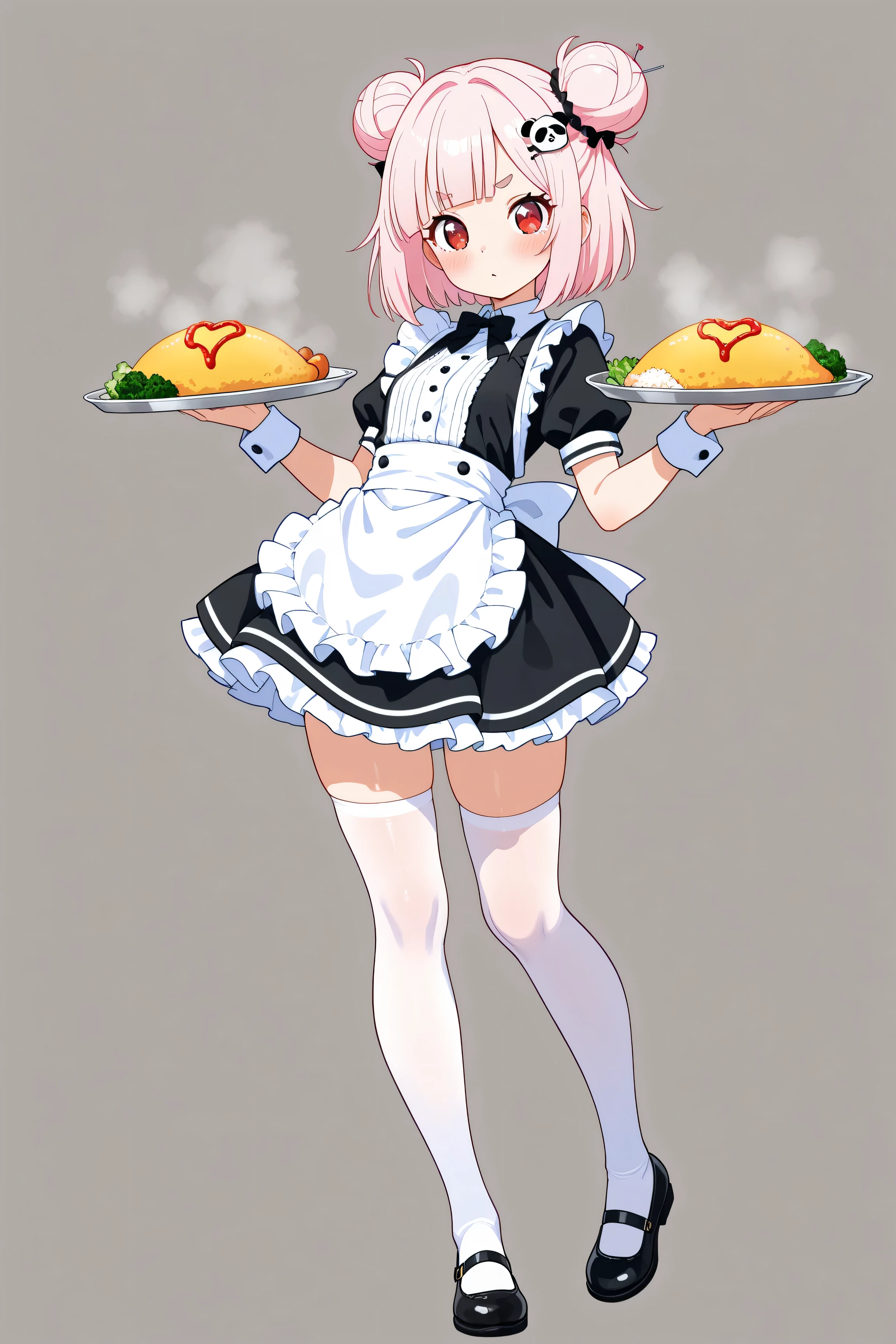 masterpiece, best quality, high resolution,4K, highly detailed, ultra detailed, ((detailed beautiful eyes)), full body, Alone, 1 girl, light pink hair, small double bun hair, half twin hair, long hair, hime cut, thin oval eyebrows, Red Eyes, ((bangs Panda face hairpin)), maid, waitress, Waiter, In-store Coffee shop, Miniskirt, Omelet rice, Write with ketchup, smile, wink, open mouth