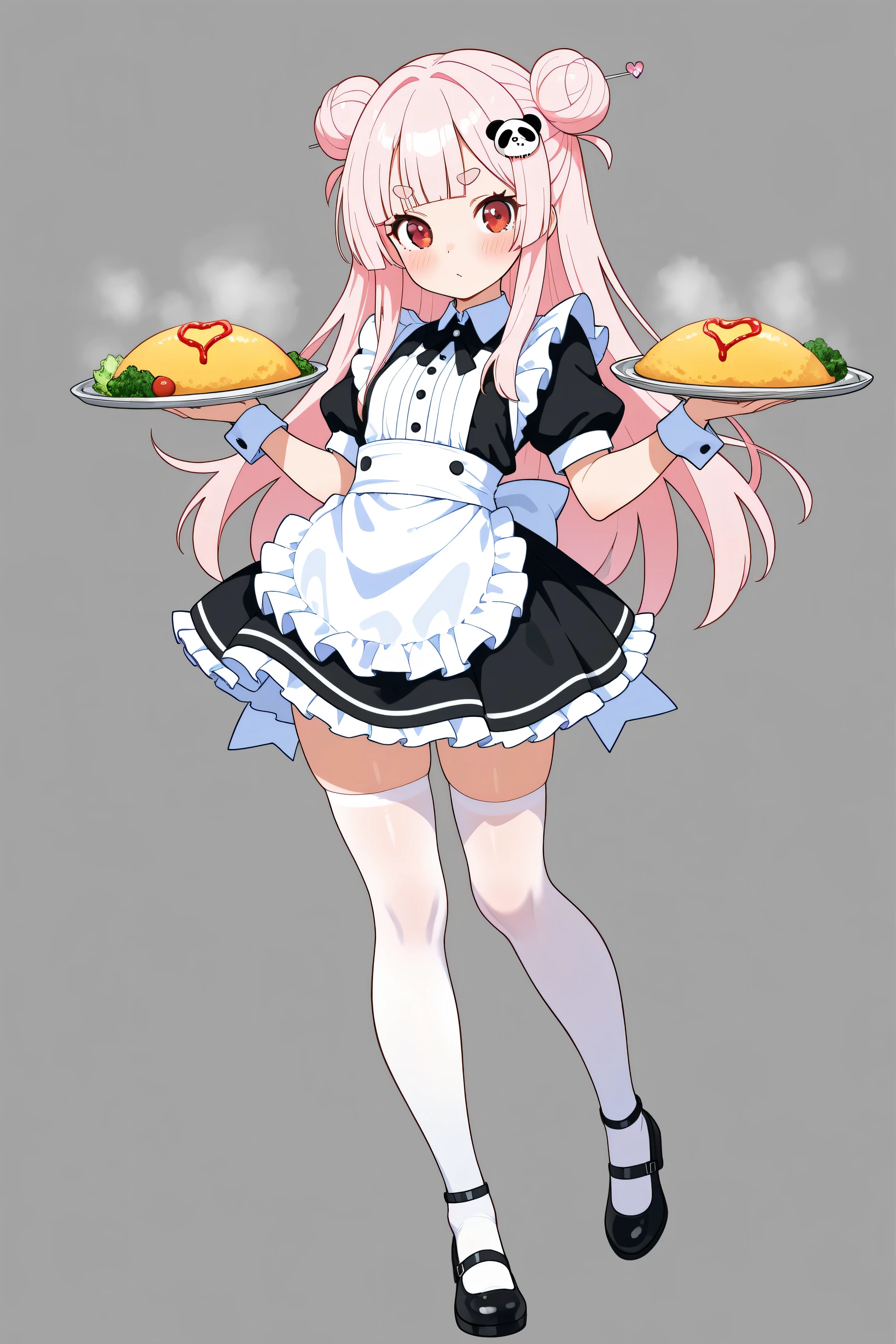 masterpiece, best quality, high resolution,4K, highly detailed, ultra detailed, ((detailed beautiful eyes)), full body, Alone, 1 girl, light pink hair, small double bun hair, half twin hair, long hair, hime cut, thin oval eyebrows, Red Eyes, ((bangs Panda face hairpin)), maid, waitress, Waiter, In-store Coffee shop, Miniskirt, Omelet rice, Write with ketchup, smile, wink, open mouth