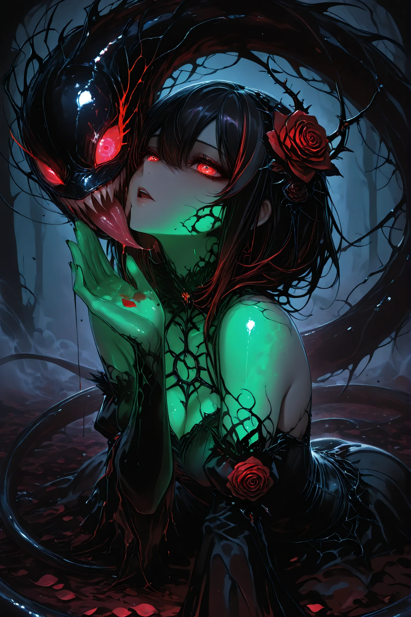 【High quality】【masterpiece】【extremely detailed】【best quality】【with precise and delicate drawing】【dynamic lighting】【Super Detail】【Super beautiful】【high resolution】【 beautifully drawn 】【all fours】獲物を狙う 銀の薔薇 毒々しい 溶ける drkms【arched back】 dark fantasy art "A hauntingly beautiful yandere girl with a toxic rose motif in a dark fantasy horror setting. Her upper body is ethereal, with pale, glowing skin and intense crimson eyes radiating obsessive madness. Her jet-black hair, streaked with blood-red, is entwined with thorny rose vines dripping viscous, glowing green poison. She wears a tattered gothic dress of dark velvet, adorned with wilting rose petals and sharp thorns. Her lower body is that of a sleek, serpentine creature, with shimmering black and crimson scales, coiling menacingly as if ready to ensnare prey. She clutches a toxic rose, its crimson and neon purple petals dripping glowing poison, which she licks with a disturbingly serene expression, her tongue tracing the venom in a trance of devotion. Her serpentine body is poised to strike, exuding an unyielding intent to capture and never let go, with thorny vines extending to entangle her unseen prey. The background is a fog-shrouded, moonlit garden with twisted trees and decaying roses, whispering dread. The mood blends dark romance, obsessive love, and chilling horror."