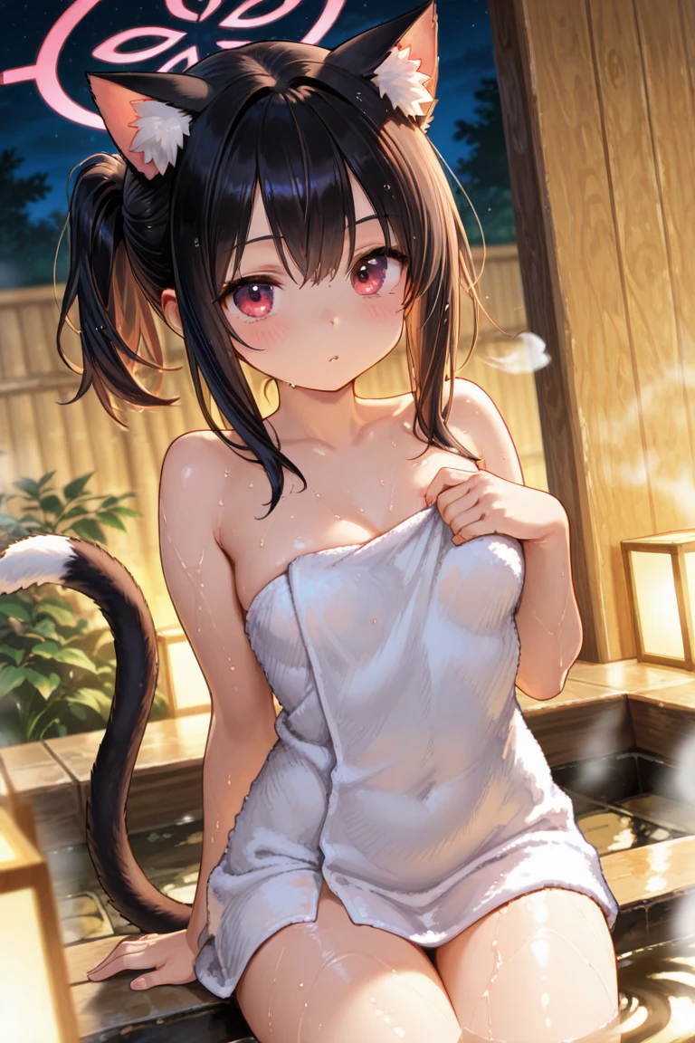 quadratic element，1girll，lie，Get wet，浴室，tmasterpiece，overlooking the viewer，cropped shoulders，Look sideways，naked towel，Cat lady，