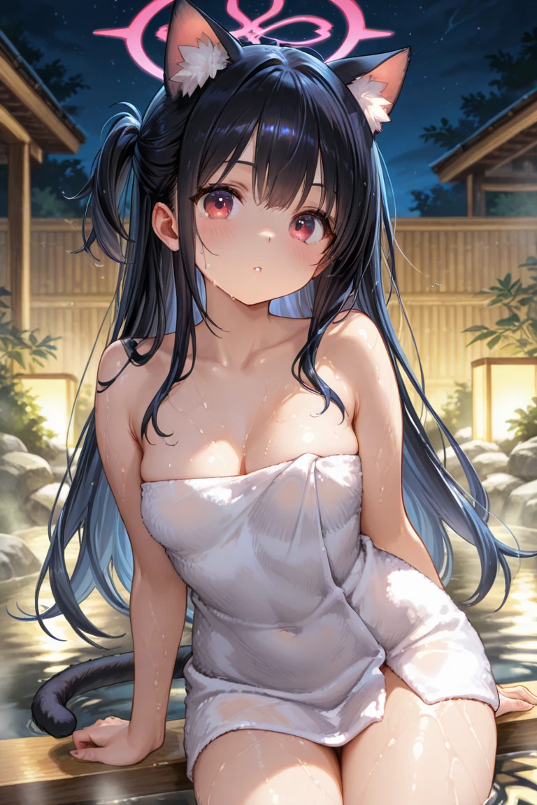 ((masterpiece,Highest quality:1.3,best quality illustration)), 独奏,1woman,(成熟したJapan人の美女)、black hair,long hair,blunt bangs,black eyes,gorgeous eyes,((very small head:1.3)),blush,relax,((very long body:1.2)),medium breasts,(tan skin:1.4), (gleaming skin,toned body,slender body, skinny),(naked,bathing),hot spring、Japan、nsfw,