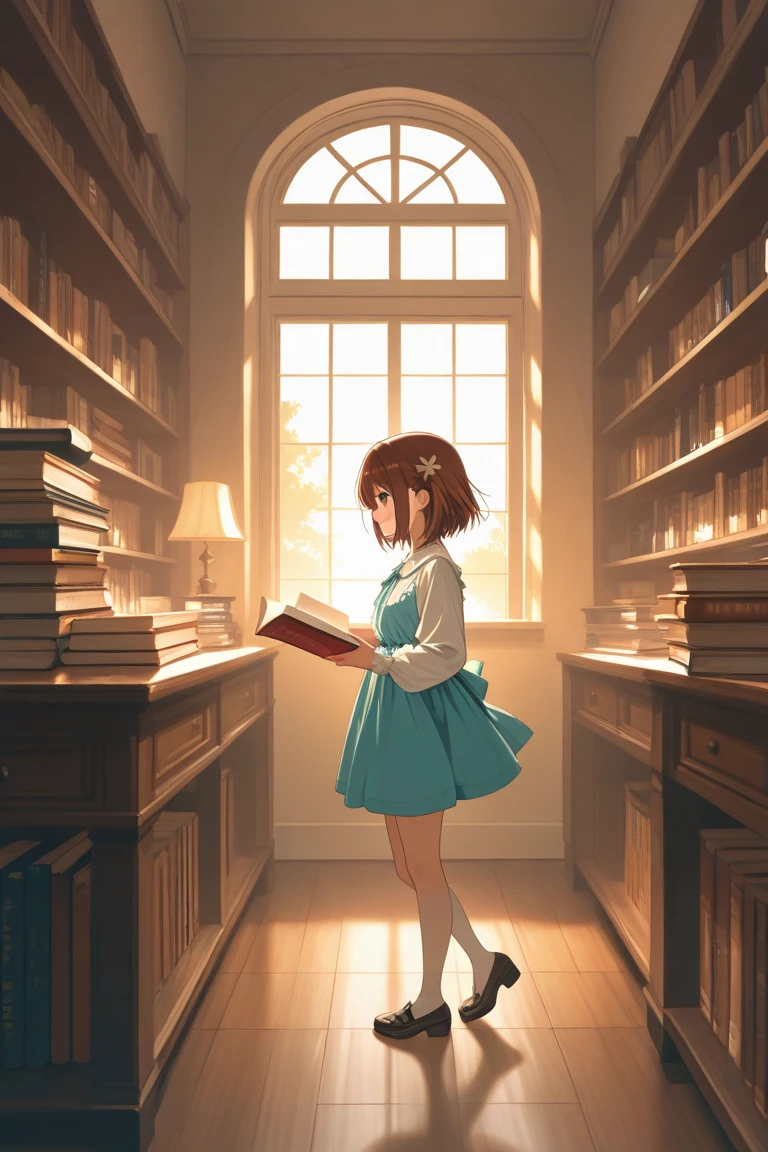 Little girl, Library reading,Outside the window,and the sun was shining brightly.the detail, 8K, k hd, best qualityer.