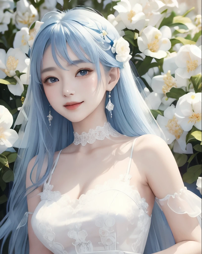 Raw photo,8k,brynhildr lancer fgo,20-year old,bride,pure,dazzling smile,laurel wreath,white wedding dress,shyly pose, pretty round face,tall,very skinny,slender,light blue hair, cross-cut bangs strongly leans to the right,detailed hair