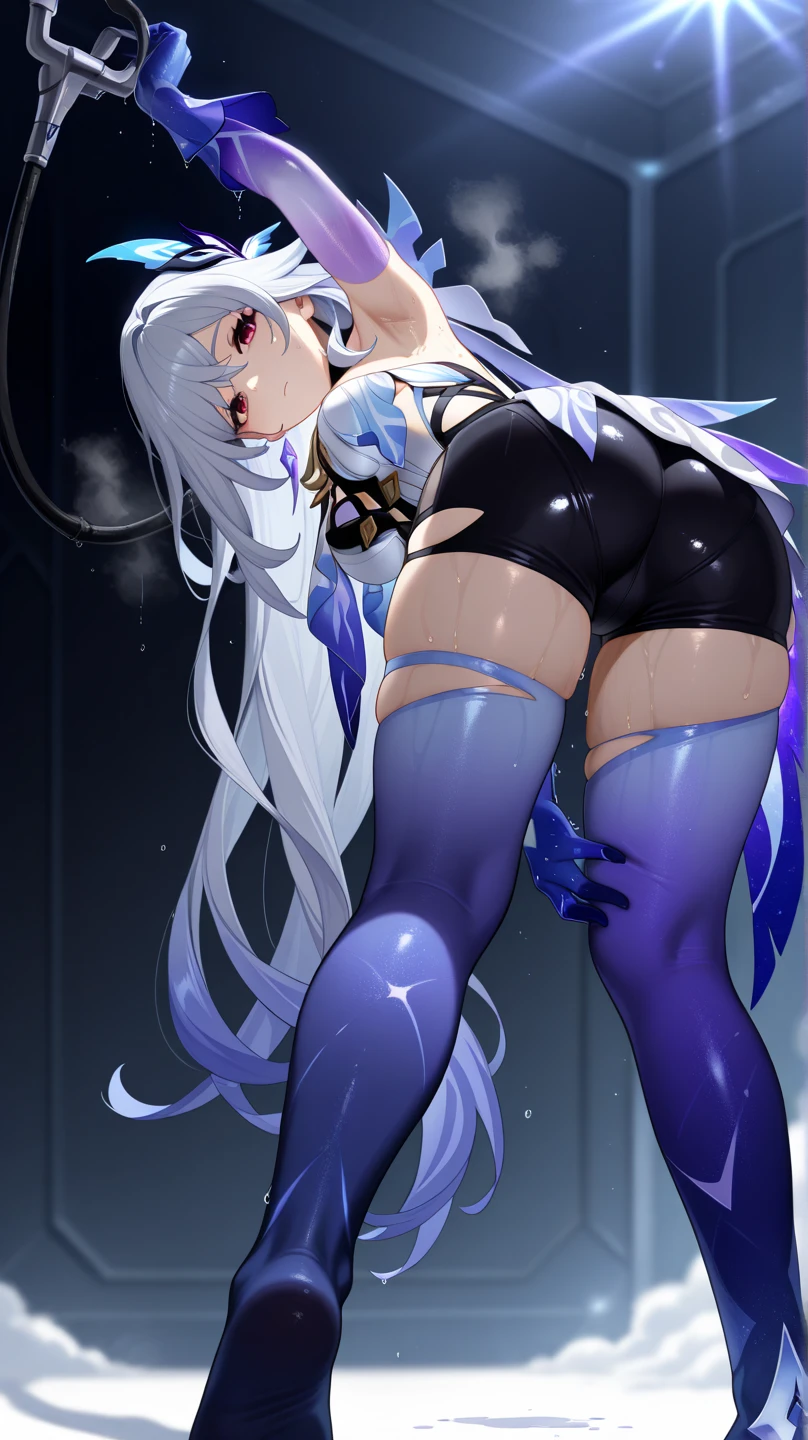 8k, top quality, long platinum hair, freckles, azure eyes, slim body, underwear, top, Urban, white skin, pantyhose,Back