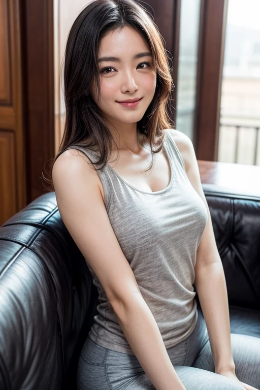 (masterpiece, Highest quality:1.1), (8K, RAW Photos, Photo Real:1.2, f22), (Shiny skin),Detailed skin,Long Hair,ribbon,Detailed face, Fine grain,smilee,break, Real World, Intricate details, smile, break, One girl, whole body,(Tank top,dress,Polka dot pattern),break ,(sofa:1.4)