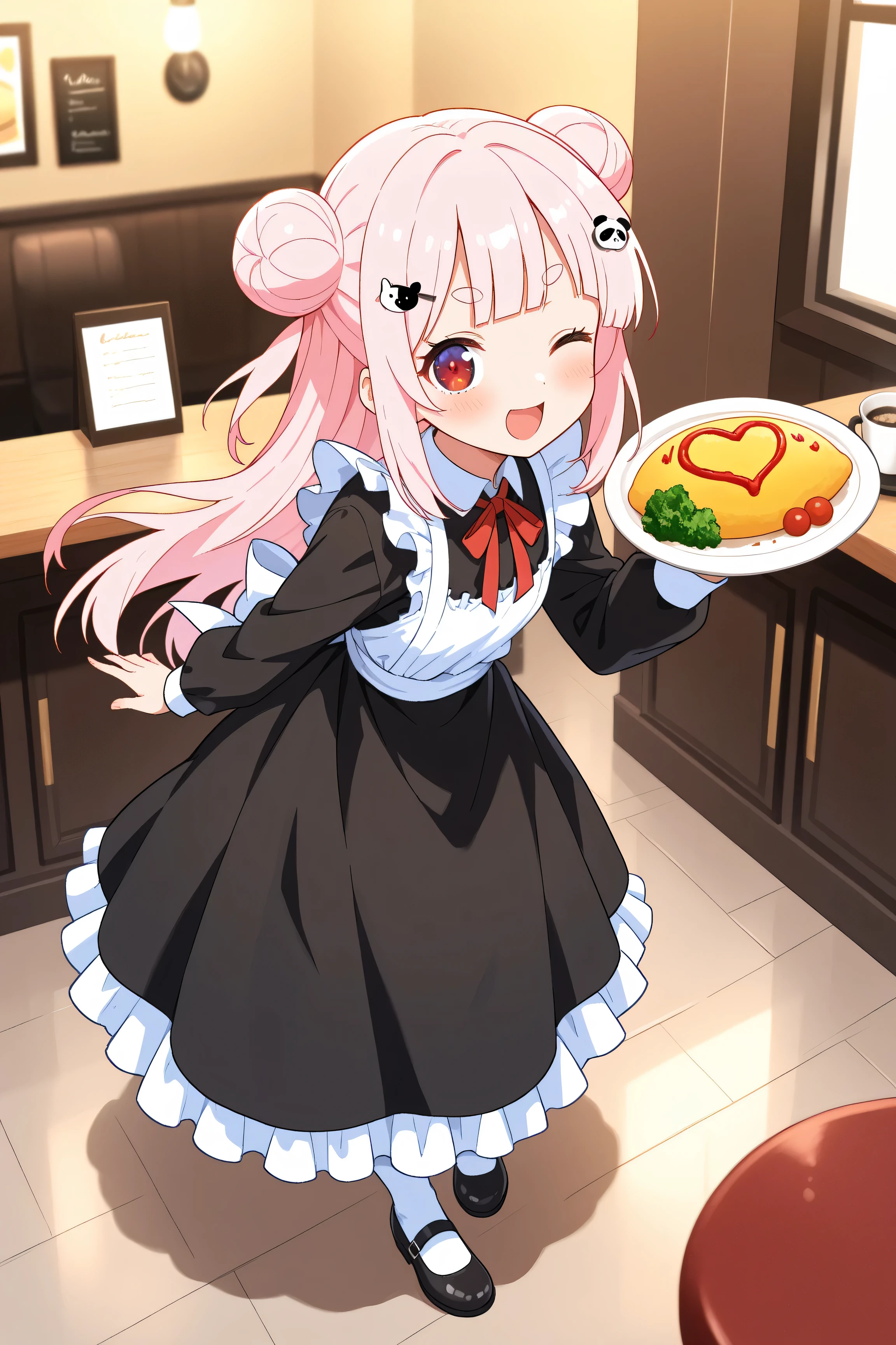 masterpiece, best quality, high resolution,4K, highly detailed, ultra detailed, ((detailed beautiful eyes)), full body, Alone, 1 girl, light pink hair, small double bun hair, half twin hair, long hair, hime cut, thin oval eyebrows, Red Eyes, ((bangs Panda face hairpin)), maid, waitress, Waiter, In-store Coffee shop, Miniskirt, Omelet rice, Write with ketchup, smile, wink, open mouth