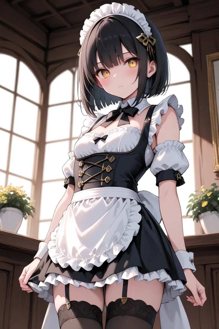 (((masterpiece, highest quality))),nsfw,cowboy shot,20 year old beauty, solo,((very small head)),black hair,short hair,bangs,black eyes,shy,medium breasts,(((very long body,slender body))),skinny,gleaming skin,oily skin,sweat,(japanese maid dress,White collar、White brim、mini skirt、white_thighhighs),Silver tray、Jug、standing,Study、Old big mansion、Natural light、