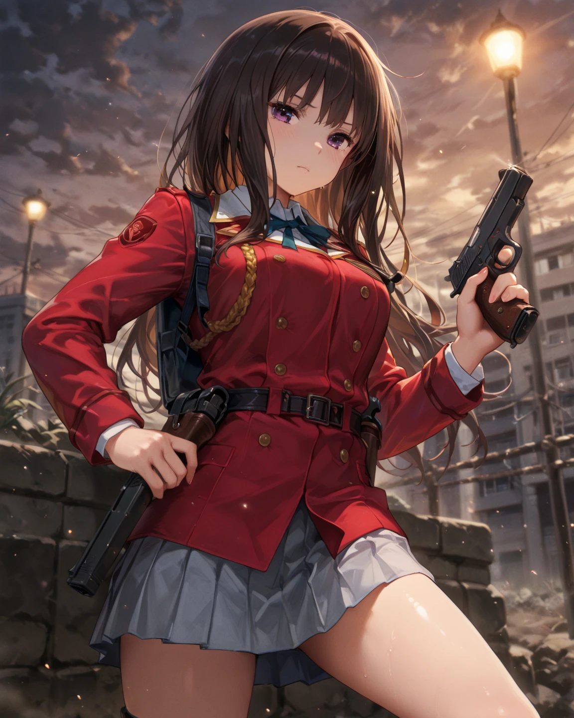 Action Scenes、((A detailed depiction of a woman holding a handgun))、((masterpiece,Highest quality:1.3,best quality illustratio)),realistic,cowboy shot,独奏,1woman,(18-year-old、Japanese Beauty),dark brown hair,long hair,bangs,brown eyes,gorgeous eyes,(very small head:1.3),blush,Heavy breathing,.(very long body:1.2,skinny),medium breasts,(Red ribbon tie、White long sleeve collared shirt、Navy blue pleated mini skirt),gleaming skin,toned body,slender body,sweat,(shooting、Firing stance),Ruined city、Collapsed building、、World of Blade Runner、